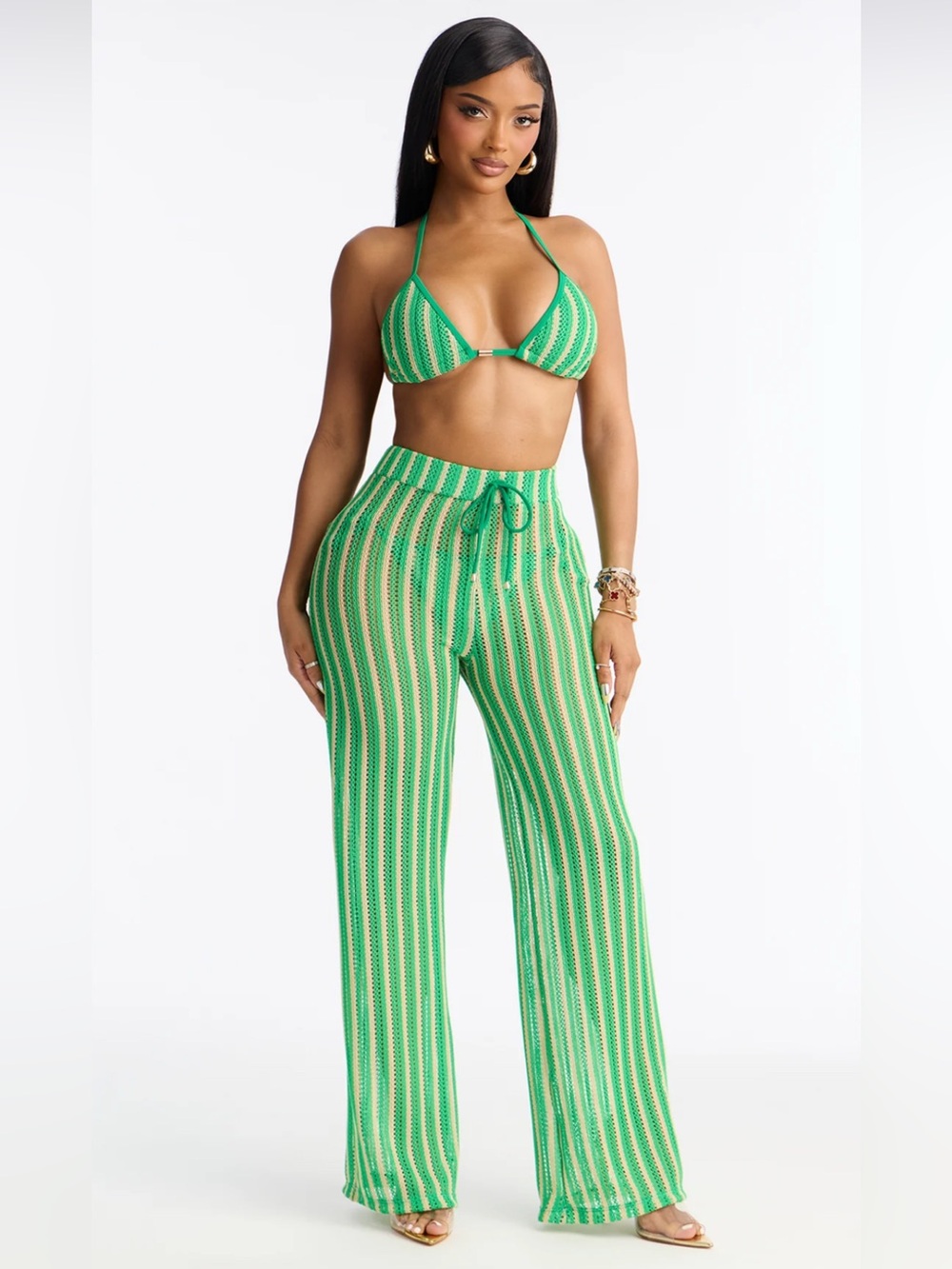 Fashion Nova Green Striped Knit Wide-Leg Pants with Drawstring
